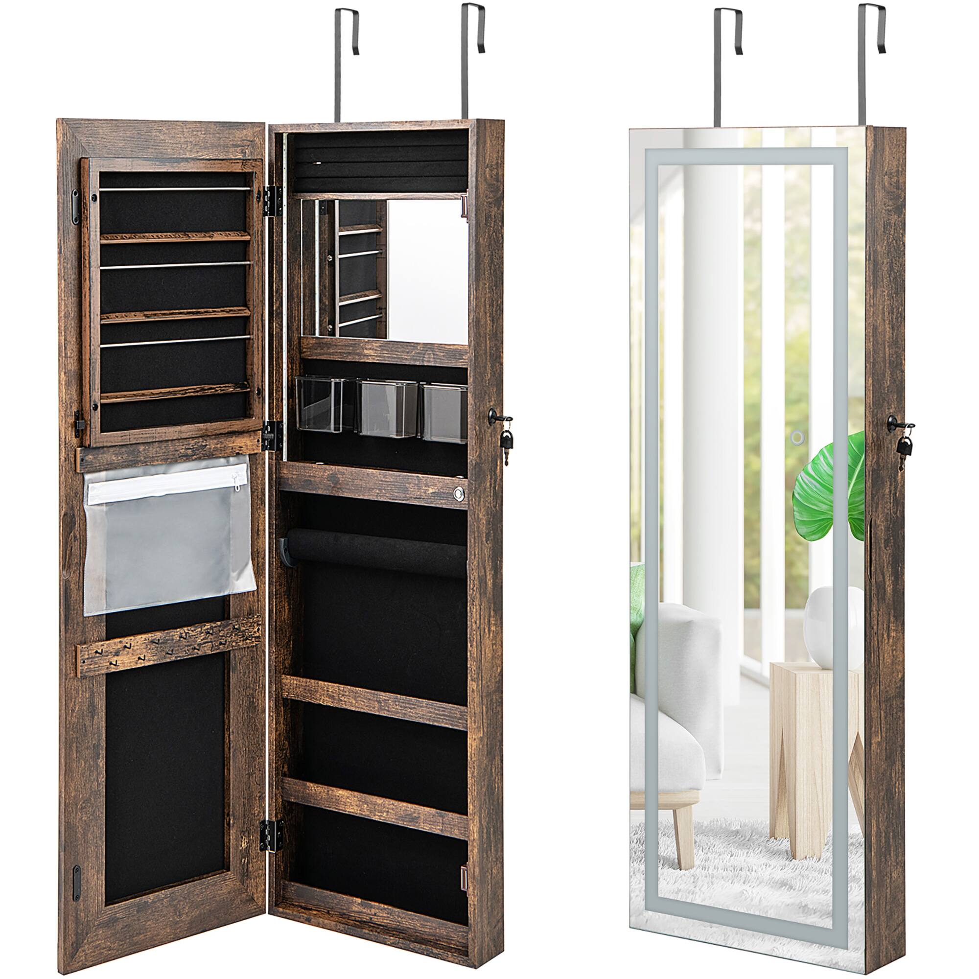 Alt View 9. Gymax - Gymax LED Mirror Jewelry Cabinet Wall/Door Mounted Organizer Armoire w/ 3 Color Light - Brown.