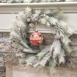 Angle. BreeBe - Snowy Bristle Pine & Boughs Wreath - 24" - Green, Brown, White.