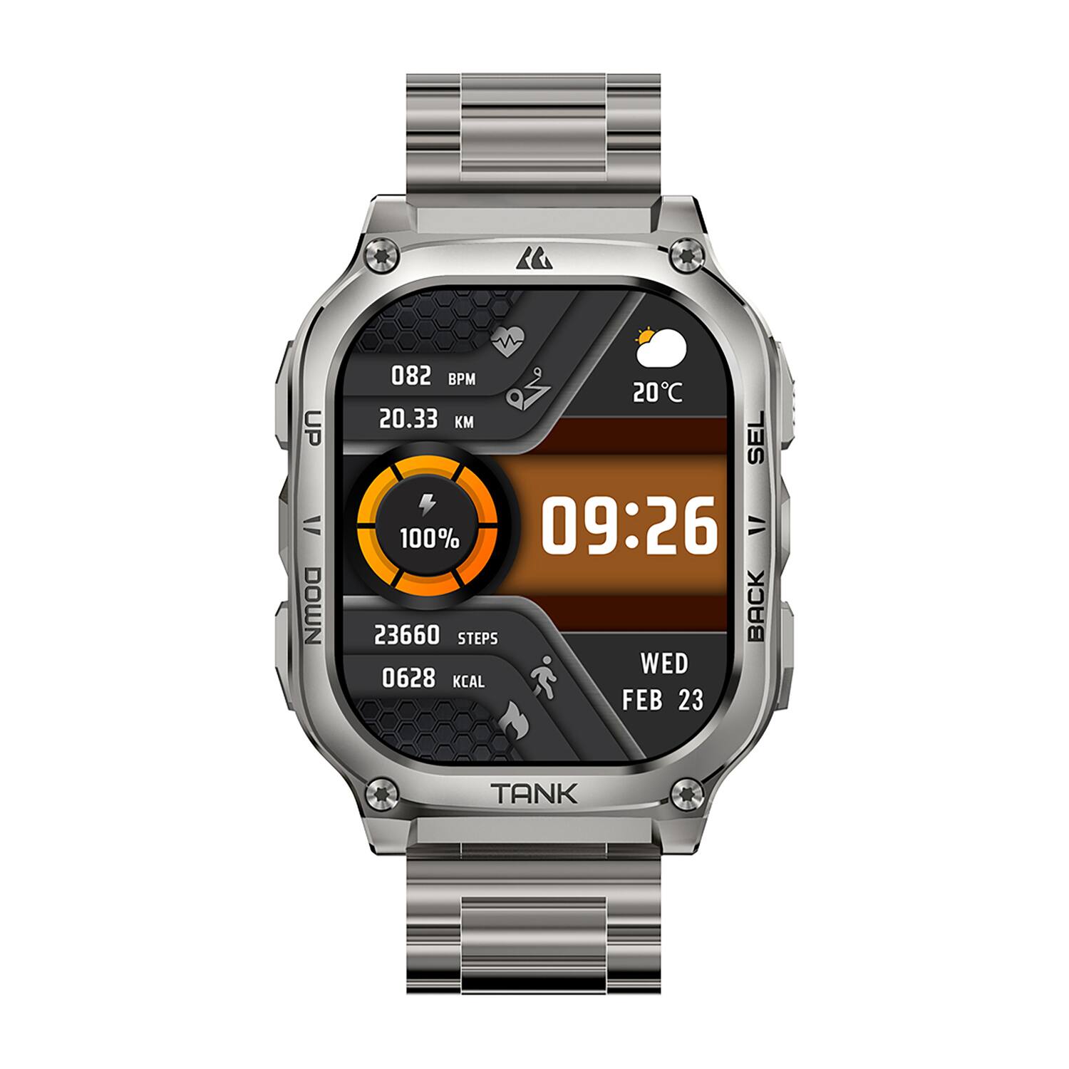 UP V DOWN 082 BPM 20C 20.33 KM 100% 23660 STEPS BACK WED 0628 KCAL FEB 23 TANK