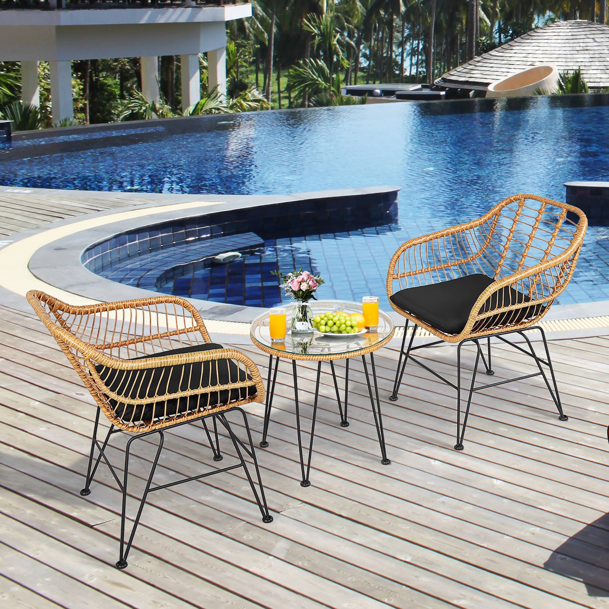 Alt View 3. Costway - Costway 3PCS Patio Rattan Bistro Furniture Set Cushioned Chair Table - Black.