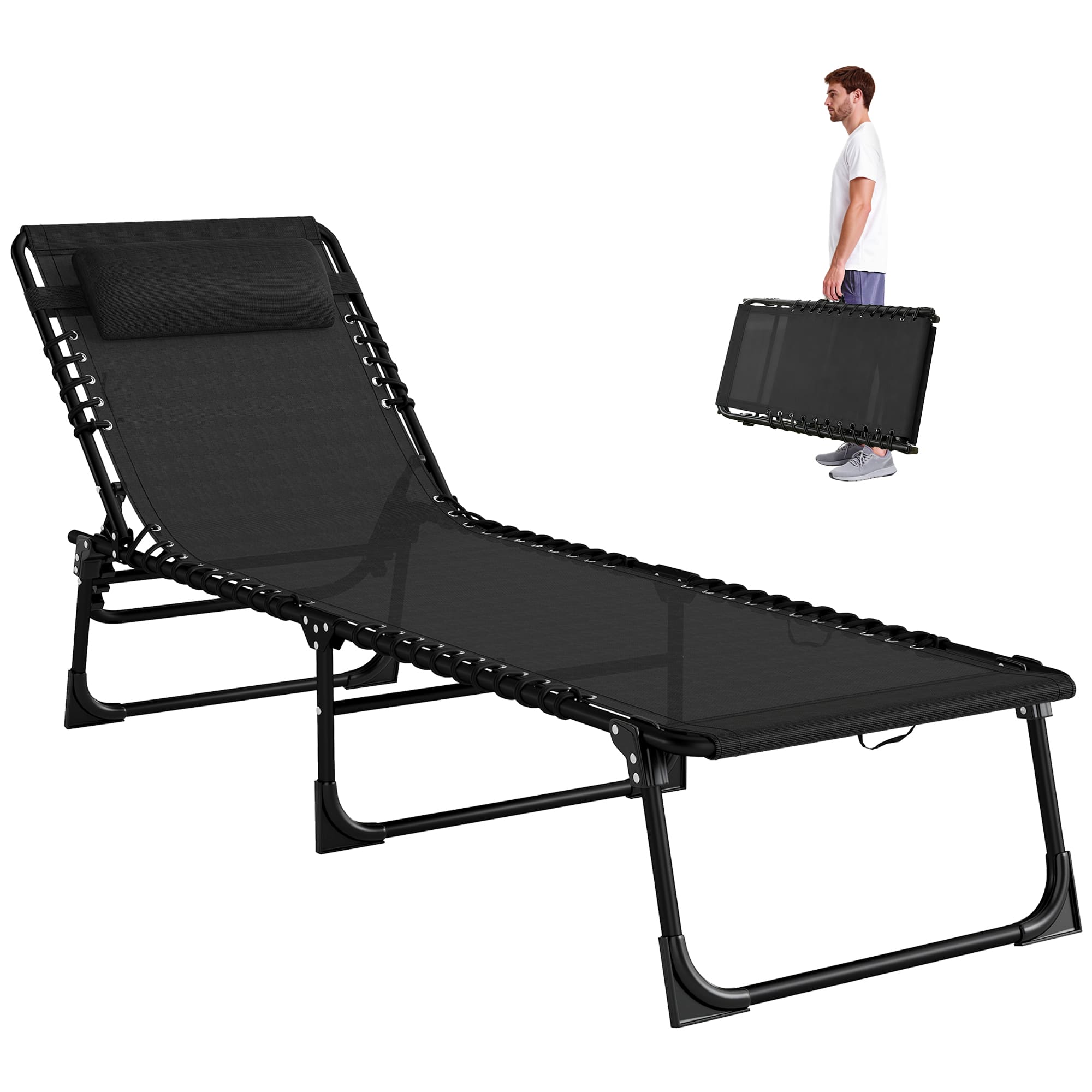 Outsunny - Chaise Lounge Pool Chair with 4-Position Reclining Back, Pillow - Black