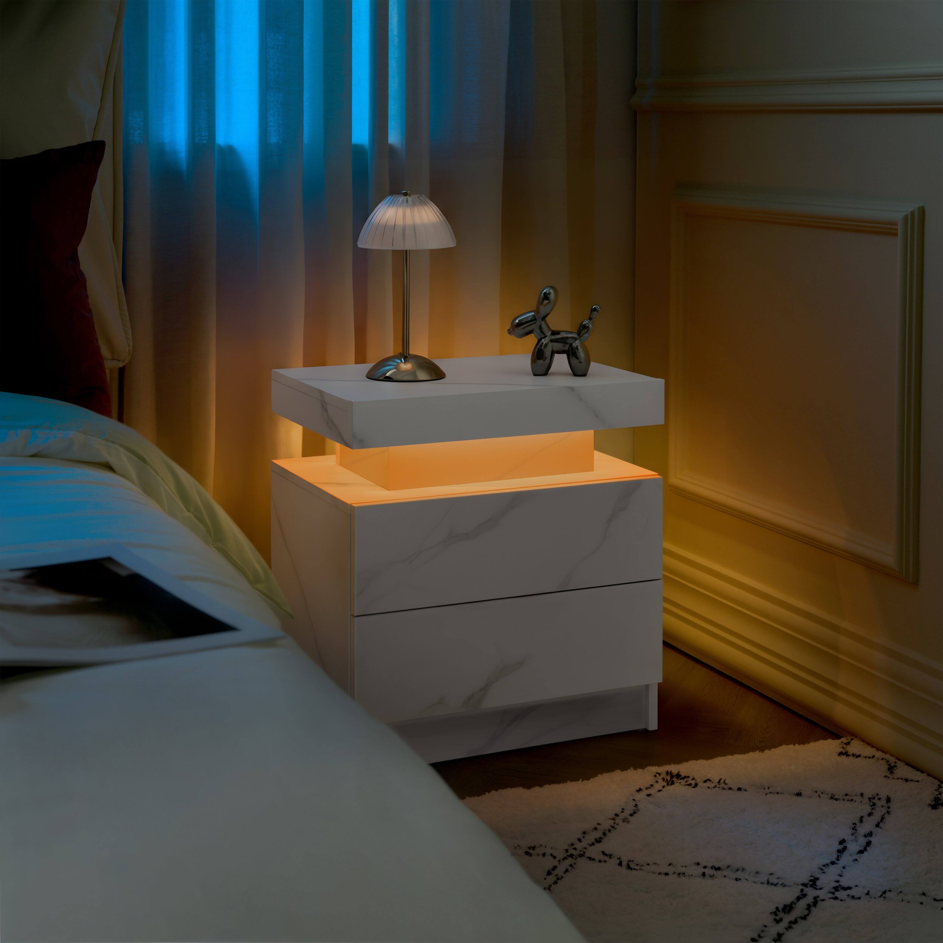 Alt View 5. Ecooso - LED Nightstand with 2 Drawers, Modern Bedside Table for Bedroom, Adjustable Lighting and Storage Design - Matte White.