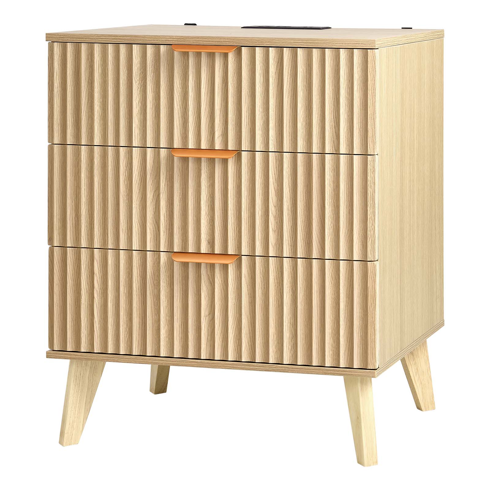 Alt View 5. VEVOR - Fluted Nightstands with Charging Station, Set of 2, Dresser for Bedroom with 3 Drawers, Mid Century Modern End Table - Khaki.