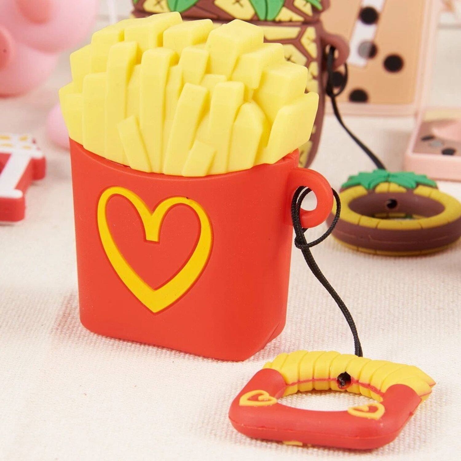 Left. Stock Preferred - Cute Fruit & Animal Cartoon Silicone AirPods Charging Case-Fries - Fries/red/yellow.