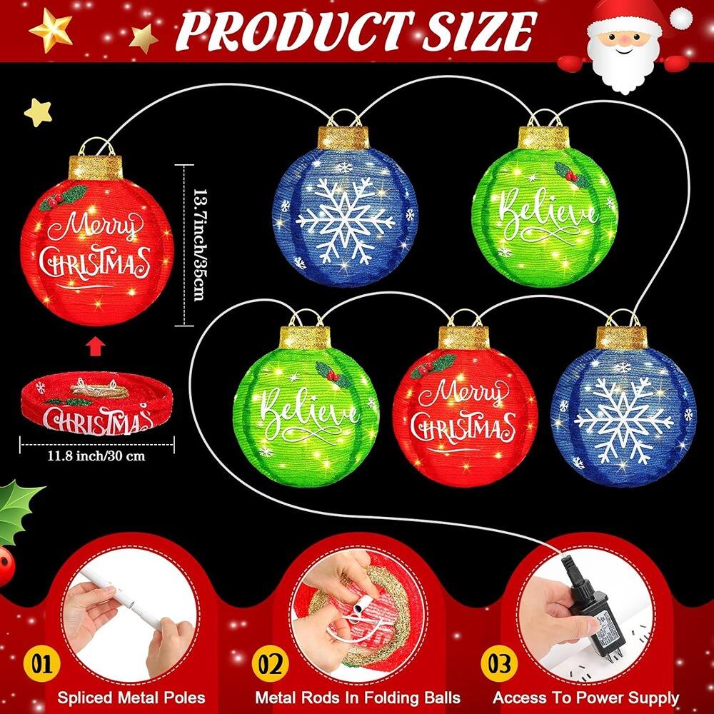 PRODUCT SIZE

Merry CHRISTMAS  
13.7 inch/35 cm

CHRISTMAS  
11.8 inch/30 cm

01 Spliced Metal Poles  
02 Metal Rods In Folding Balls  
03 Access To Power Supply