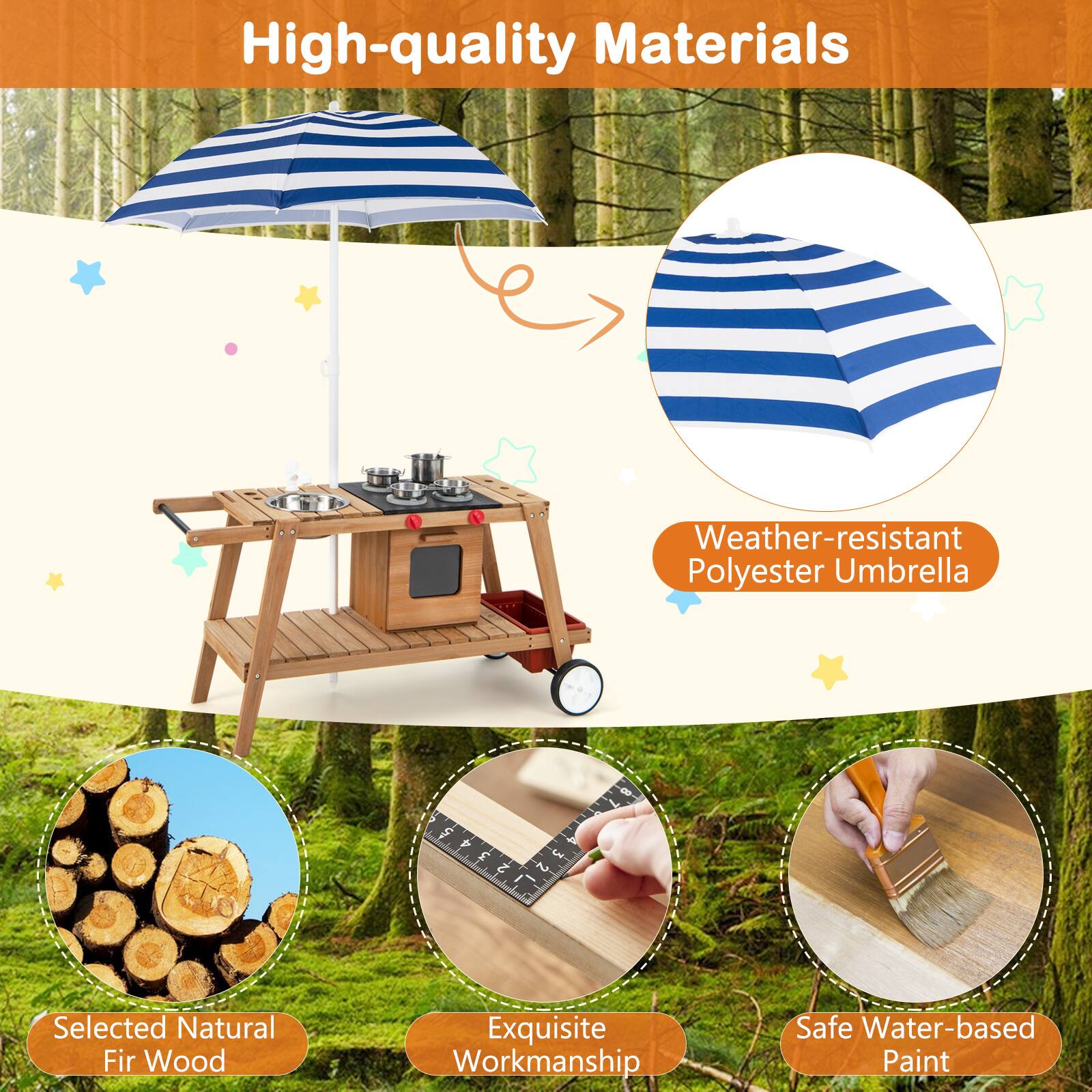 High-quality Materials

- Weather-resistant Polyester Umbrella
- Selected Natural Fir Wood
- Exquisite Workmanship
- Safe Water-based Paint