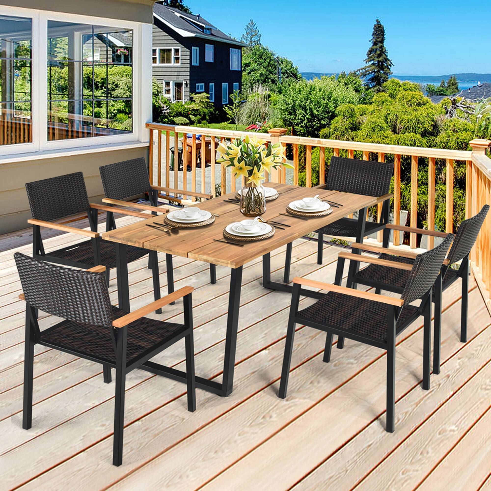 Alt View 2. Gymax - Gymax Patented 7PCS Patio Garden Dining Set Outdoor Dining Furniture Set w/ Umbrella Hole - Black.
