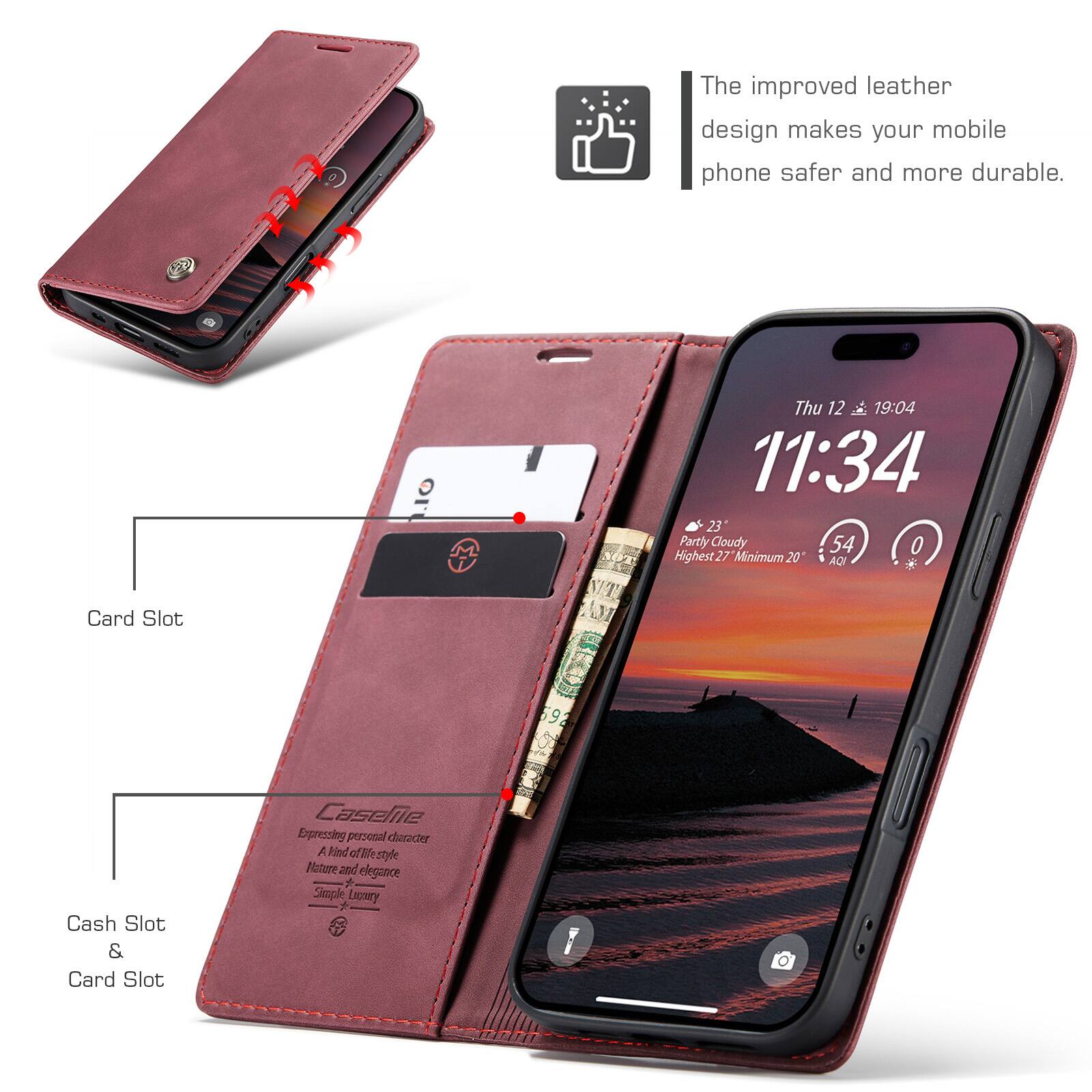 The improved leather design makes your mobile phone safer and more durable.

Thu 12 19:04 11:34 23' Partly Cloudy 54 0 Highest 27 Minimum 20 AQI

Card Slot

Cash Slot & Card Slot

Casefile Expressing personal character A kind of style Nature and elegance Simple Luxury