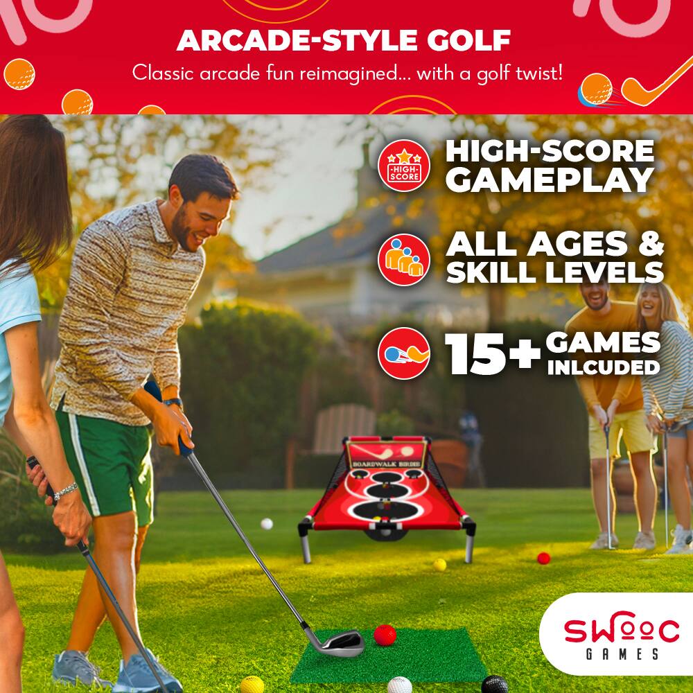 ARCADE-STYLE GOLF  
Classic arcade fun reimagined... with a golf twist!  

HIGH-SCORE GAMEPLAY  
ALL AGES & SKILL LEVELS  
15+ GAMES INCLUDED  

SWOOC GAMES