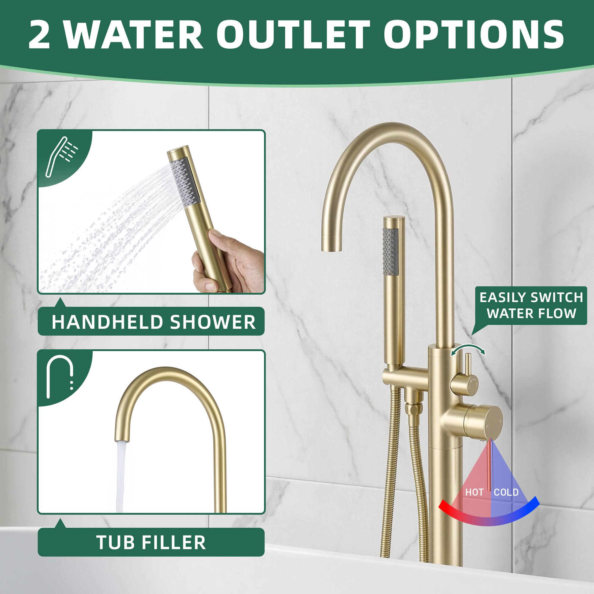 2 WATER OUTLET OPTIONS

- HANDHELD SHOWER
- TUB FILLER

EASILY SWITCH WATER FLOW

HOT COLD