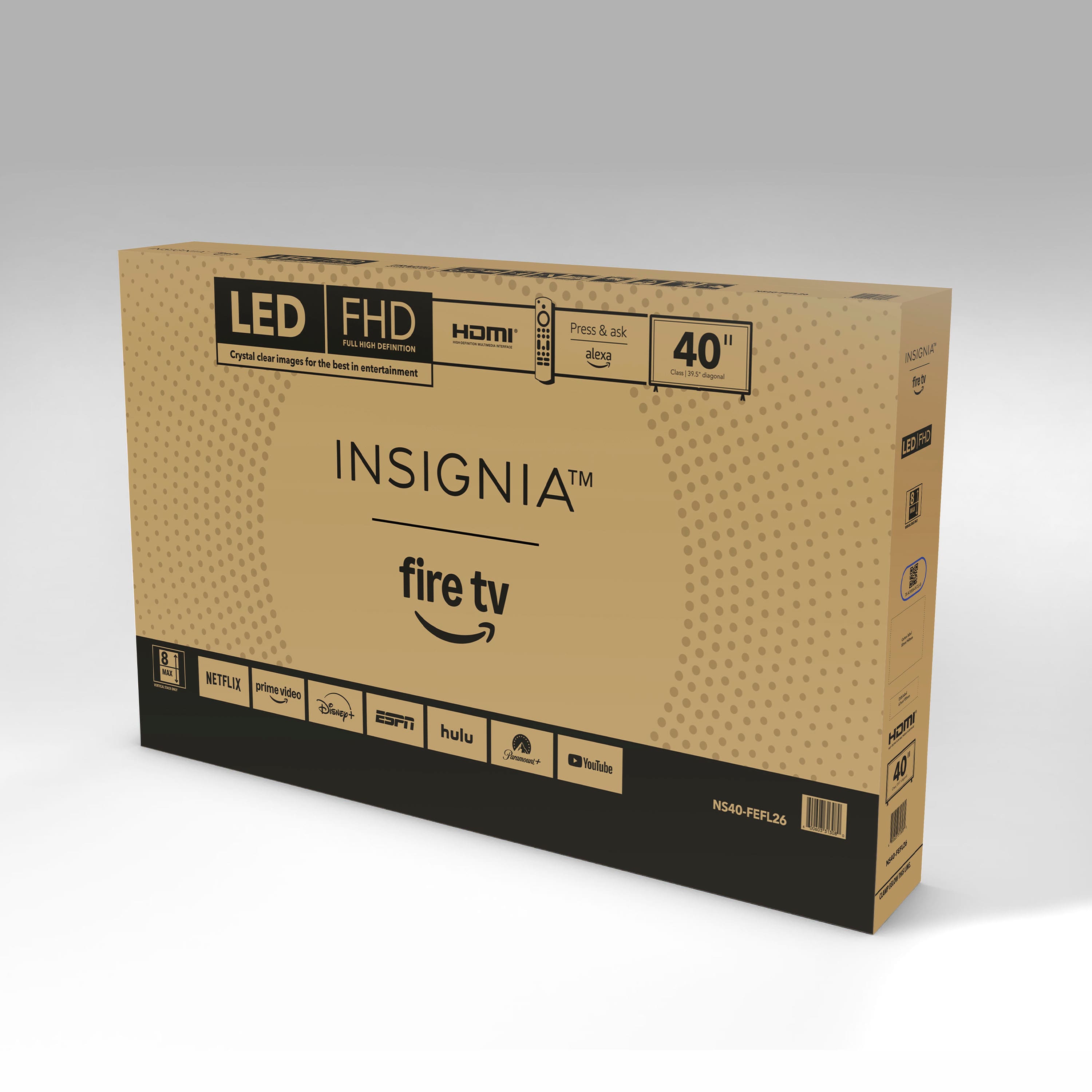 The text on the image reads: "LED FHD HOMI ... F - - DEFINTION Crystal Clear images the best in entertainment Press & ask alexa 40" CRT C -eod ISGNA f INSIGNIA TM fire tv E 9 8 - NETFLIX primevideo Disney+ ESPN hulu Showtime YouTube N540-FEFL26 HI 40".