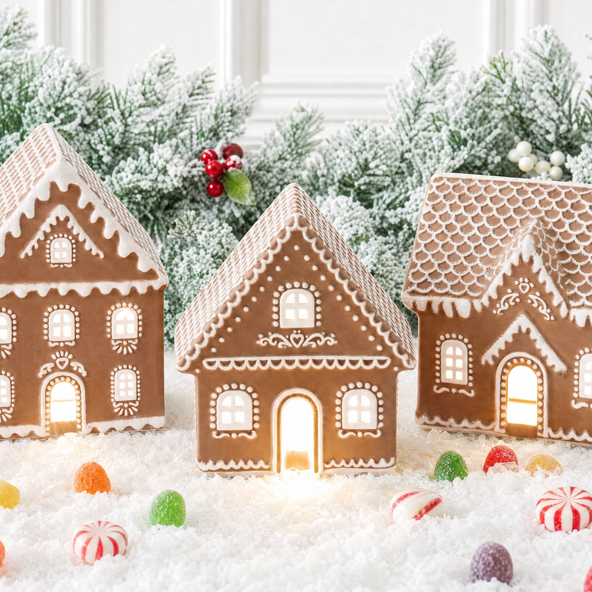 Alt View 7. Best Choice Products - Best Choice Products Ceramic Gingerbread House Lighted Christmas Decor, 3Pc Pre-lit Battery Powered Holiday Decoration - Brown.