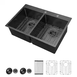 Lordear - 33"x22"x10" Gunmetal Black Double Bowl Drop in Kitchen Sink 16 Gauge with Two 10" Deep Basin - Stainless Steel