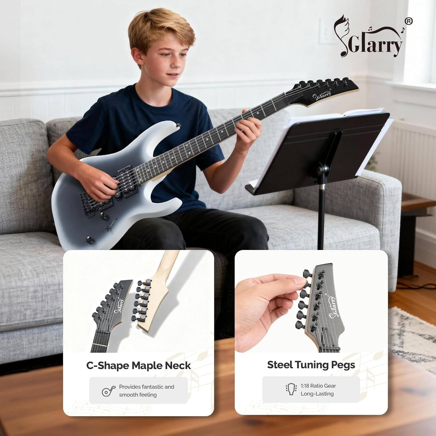 1. Glarry
2. 201amy Scher Sclars
3. larry C-Shape Maple Neck
4. Steel Tuning Pegs
5. Provides fantastic and smooth feeling
6. 1:18 Ratio Gear
7. Long-Lasting