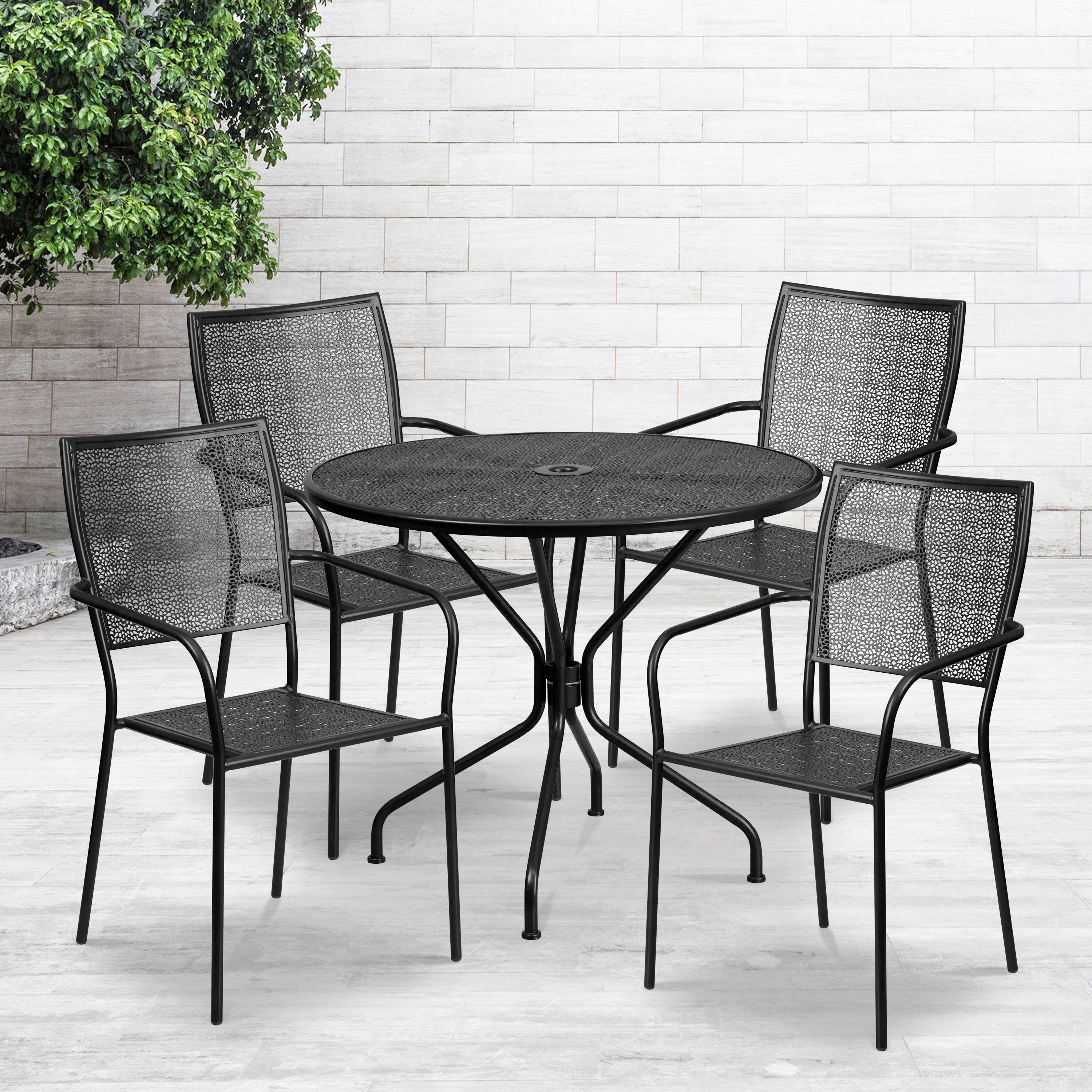 Alt View 1. Emma + Oliver - Commercial Grade 35.25" Round Metal Garden Patio Table Set, 4 Square Back Chairs - Black.