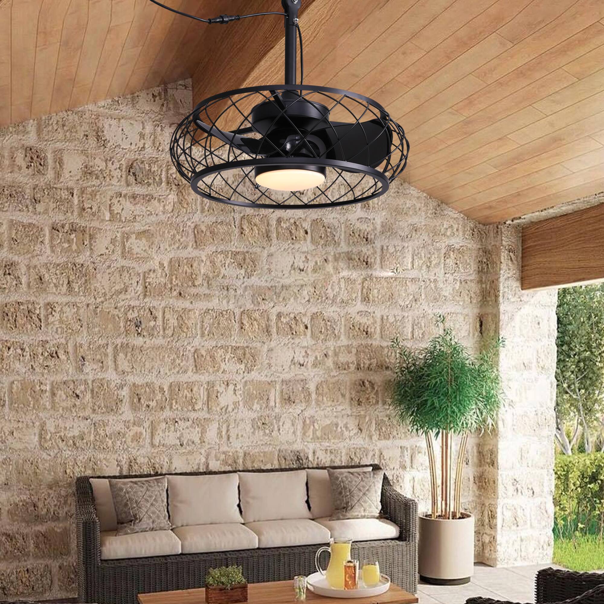 Back. Siljoy - 20 Inch Matte Black Caged Ceiling Fan Light Remote 6-Speed Reversible Waterproof for Bedroom Kitchen Patio - Matte Black.