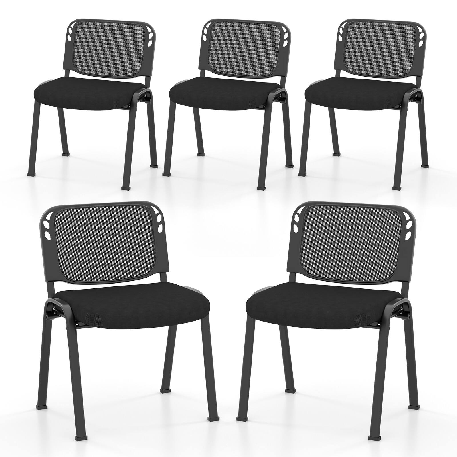 Front. WELLFOR - Set of 5 Stackable Conference Chairs with Mesh Back - Black.