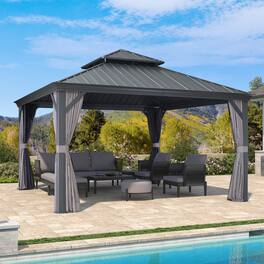 PURPLE LEAF - Permanent Hardtop Aluminum Gazebo with Double Roof for Patio Lawn and Garden, Curtains and Netting Included - 13' x 13'
