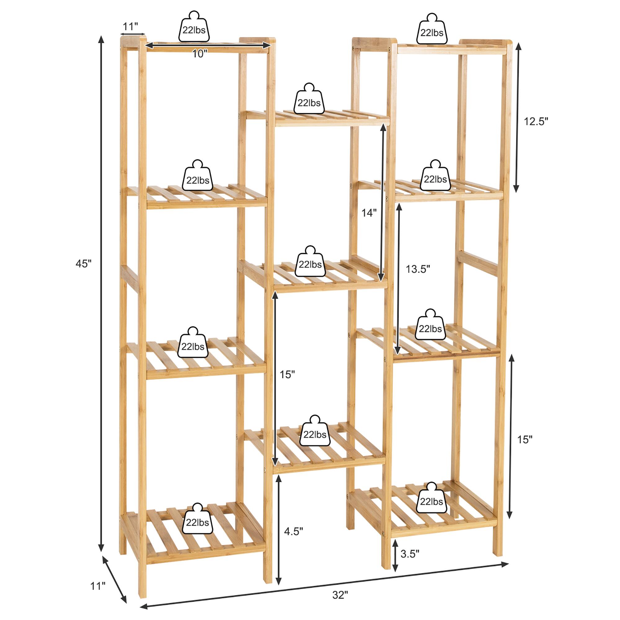 The image shows a wooden shelf with a total of 11 shelves. The shelves are labeled with their respective heights and weight capacities. The shelves are designed to hold items weighing up to 22 pounds each. The shelves are arranged in a way that maximizes the use of space, making it an ideal storage solution for various items.