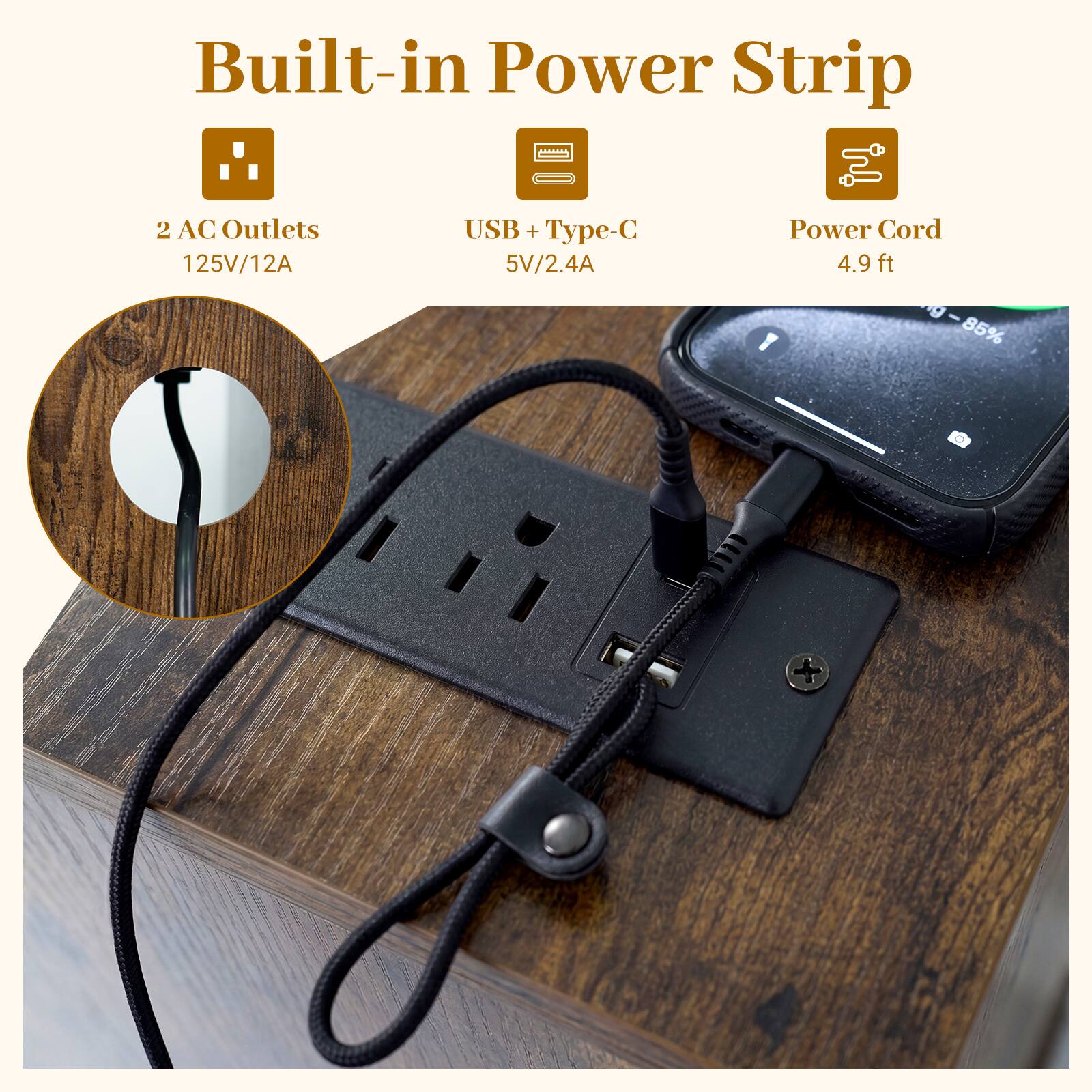 Built-in Power Strip

- 2 AC Outlets
  - 125V/12A

- USB + Type-C
  - 5V/2.4A

- Power Cord
  - 4.9 ft