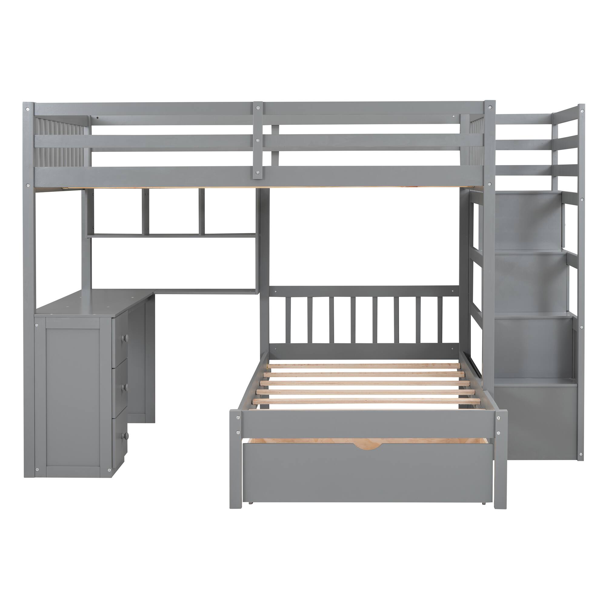 Alt View 4. Tiramisubest - Full Over Twin Bunk Bed with Desk, Gray - Solid Wood, 98x80x65 inches, Space-Saving - Gray.