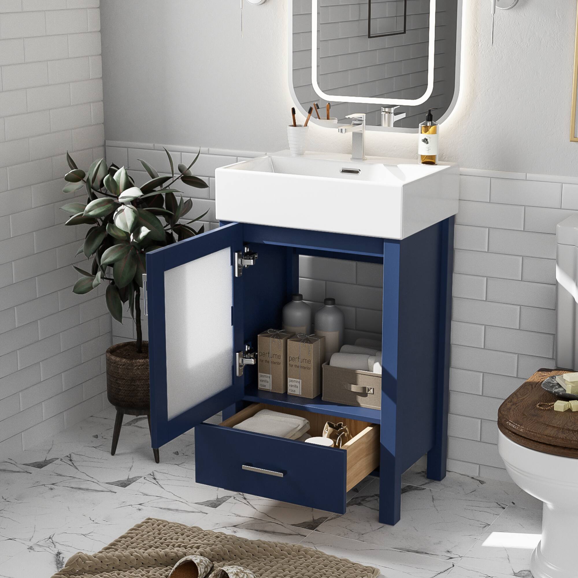Compact bathroom vanity with ceramic sink and storage