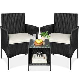 Best Choice Products - 3-Piece Outdoor Wicker Conversation Patio Bistro Set, w/ 2 Chairs, Table - Black/White Sand