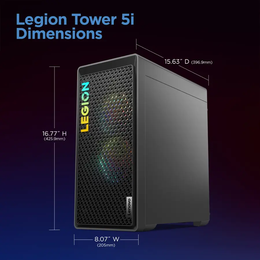 Legion Tower 5i Dimensions: 16.77" H (425.9mm), 15.63" D (396.9mm), 8.07" W (205mm)