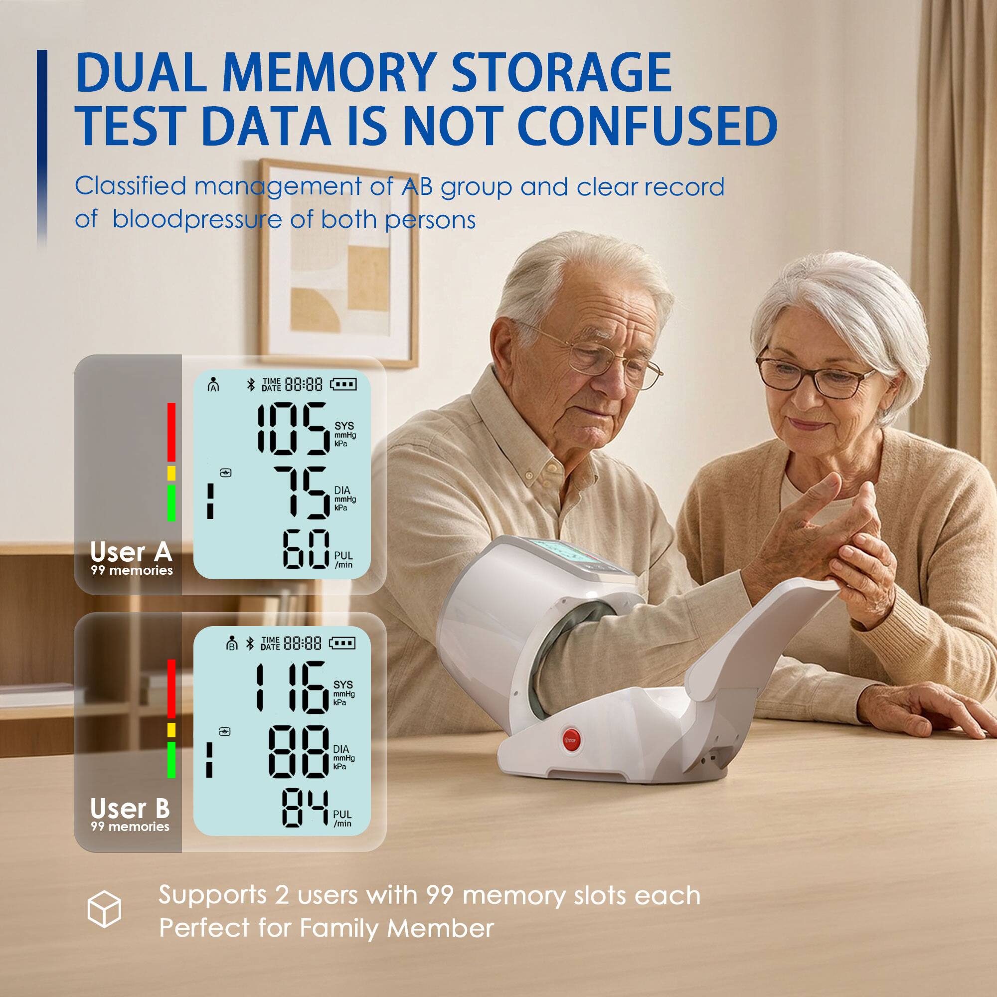 DUAL MEMORY STORAGE TEST DATA IS NOT CONFUSED

Classified management of AB group and clear record of bloodpressure of both persons

User A
99 memories
TIME 88:88
DATE 109
SYS 105 mmHg
DIA 75 mmHg
PUL 60 /min

User B
99 memories
TIME 88:88
DATE 109
SYS 116 mmHg
DIA 88 mmHg
PUL 84 /min

Supports 2 users with 99 memory slots each
Perfect for Family Member
