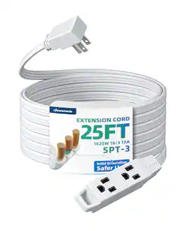 DEWENWILS - 25FT 3 Outlet Flat Plug Extension Cord 16/3, ETL Listed Space Saving, Indoor Only, SPT-3 Cord, Grounded - White