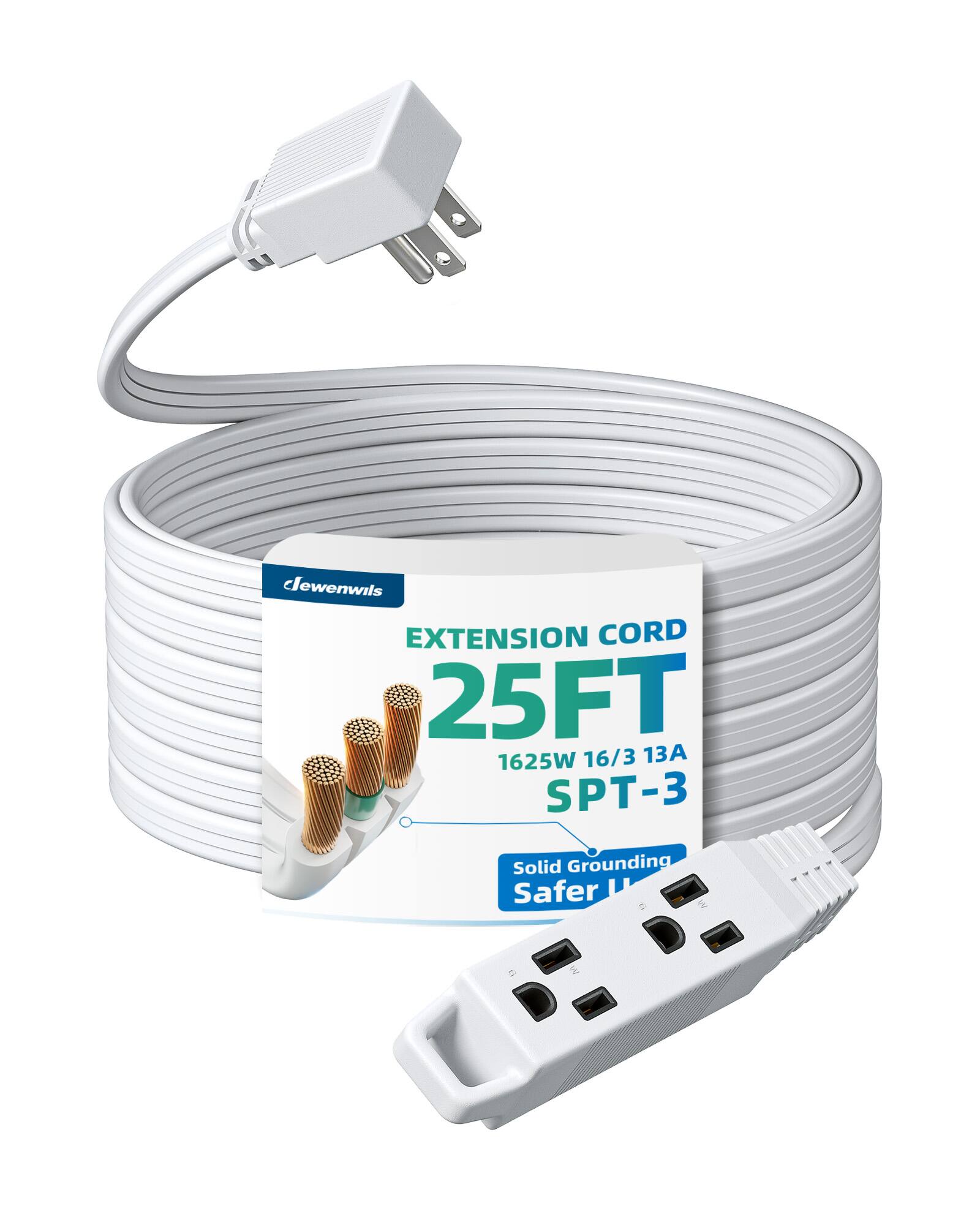 Jewenwils EXTENSION CORD 25FT 1625W 16/3 13A SPT-3 Solid Grounding Safer