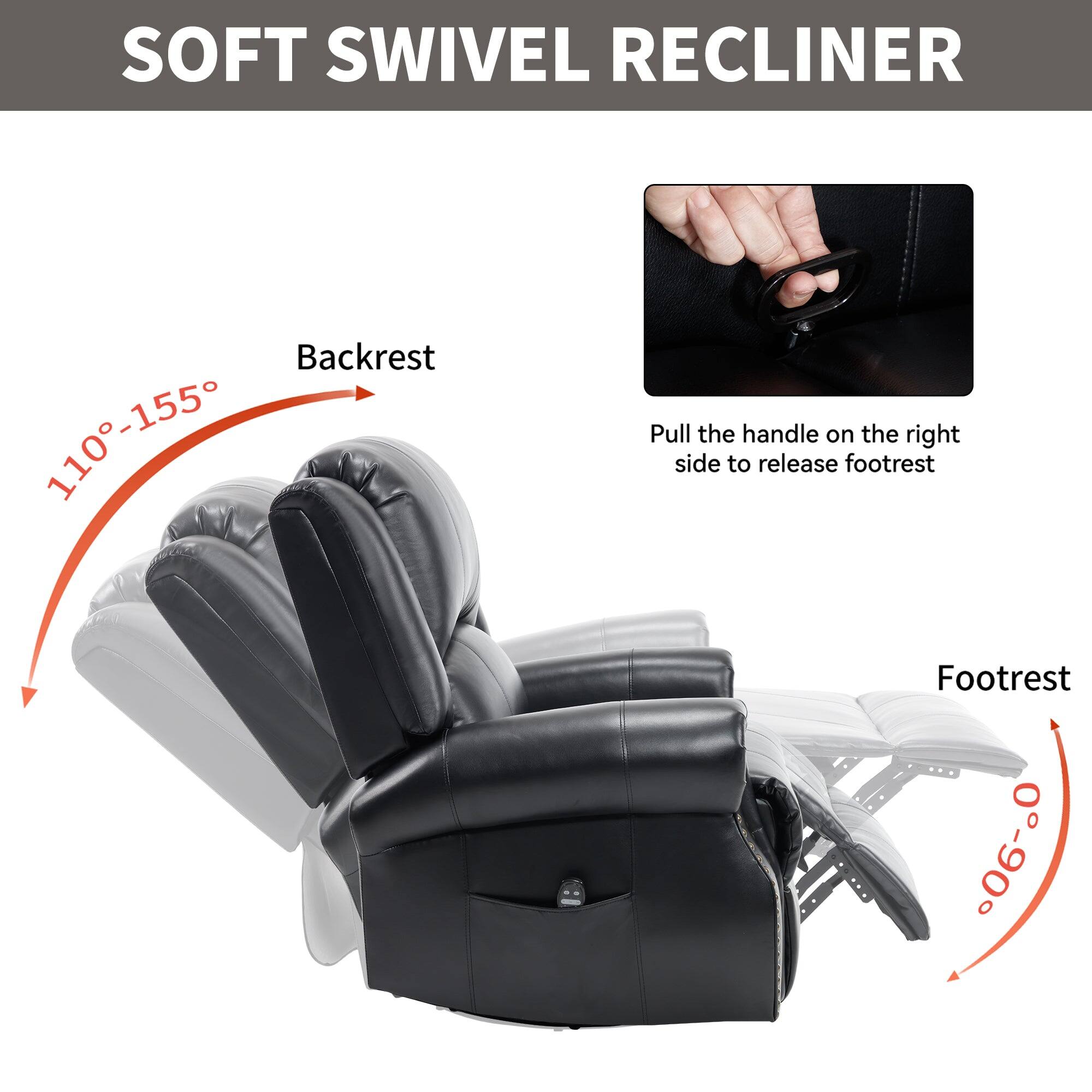 SOFT SWIVEL RECLINER

Backrest: 110°-155°

Footrest: 0°-90°

Pull the handle on the right side to release footrest