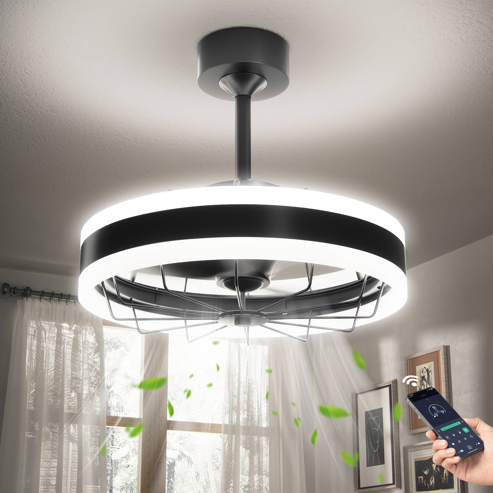 Alt View 1. PAIHOME - Modern Low Profile Ceiling Fan with Light & Remote, 15.7 Inch 6-Speed Quiet Motor Dimmable LED Timer for Bedroom - Black.