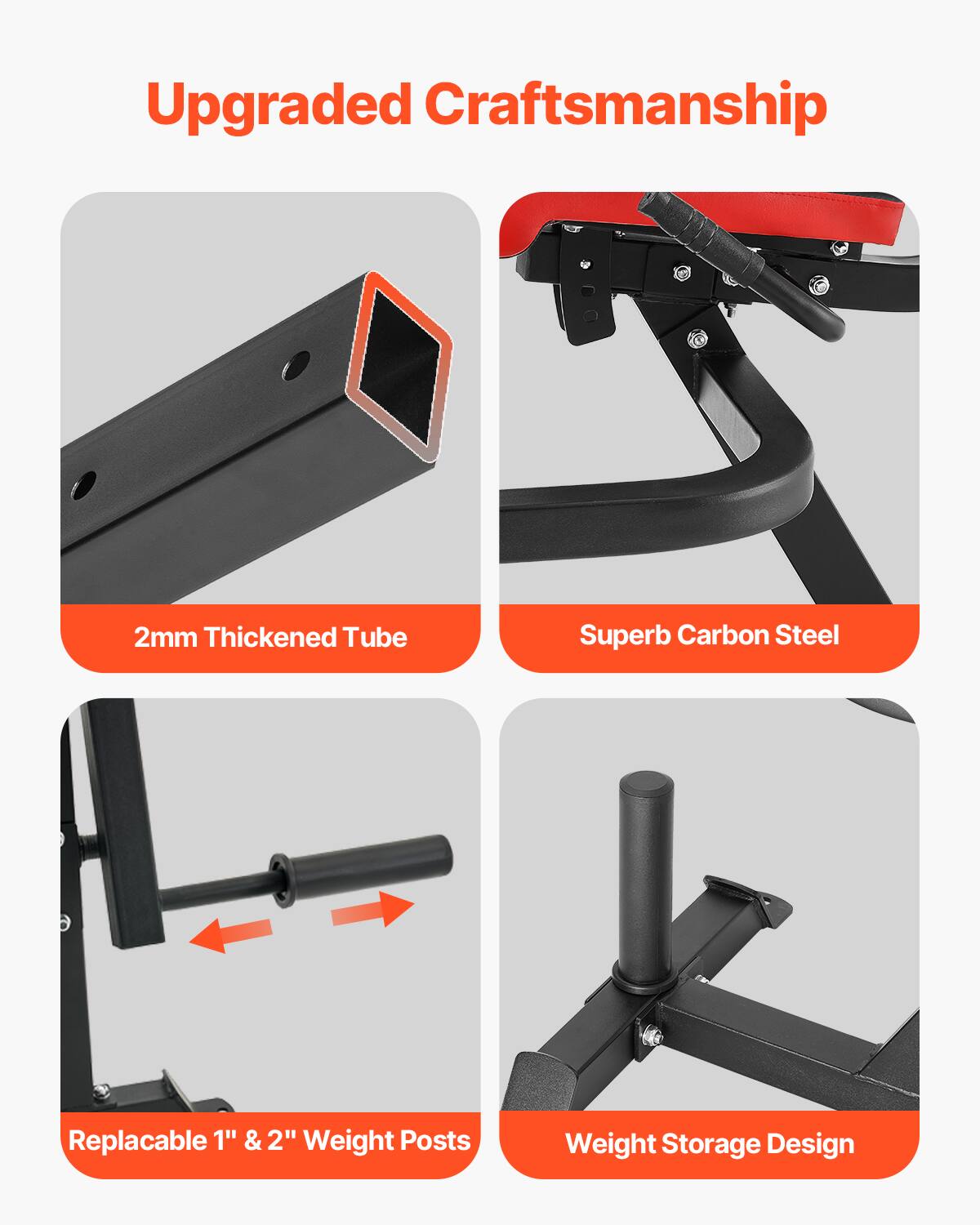 Upgraded Craftsmanship

- 2mm Thickened Tube
- Superb Carbon Steel
- Replaceable 1" & 2" Weight Posts
- Weight Storage Design