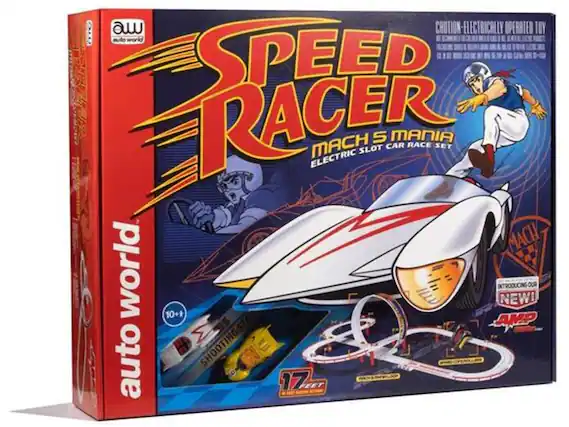 CRUTION - ELECTRICALLY OPERATED TOY
AUTO WORLD
SPEED RACER
MACH 5 MANIA
ELECTRIC SLOT CAR RACE SET
10+
INTRODUCING NEW!
SHOOTING STAR
17 FEET
AUTO WORLD