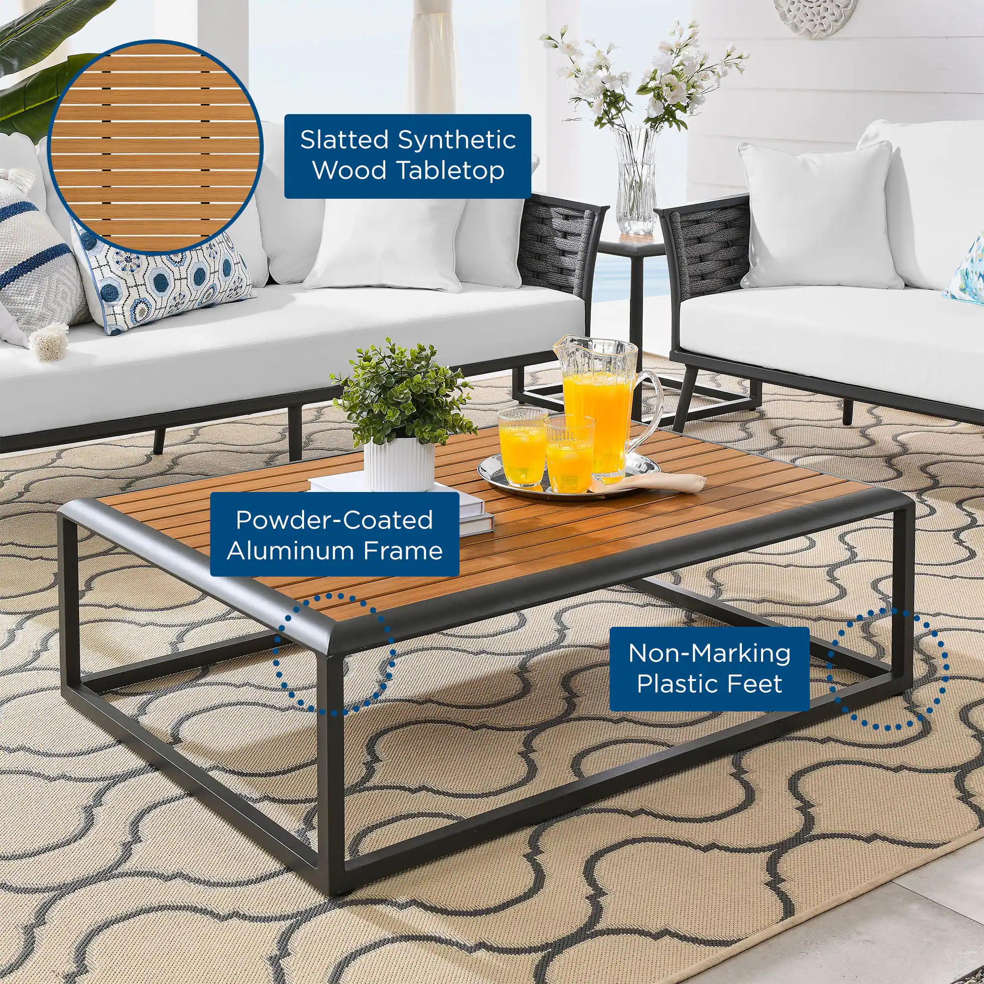 Slatted Synthetic Wood Tabletop  
Powder-Coated Aluminum Frame  
Non-Marking Plastic Feet