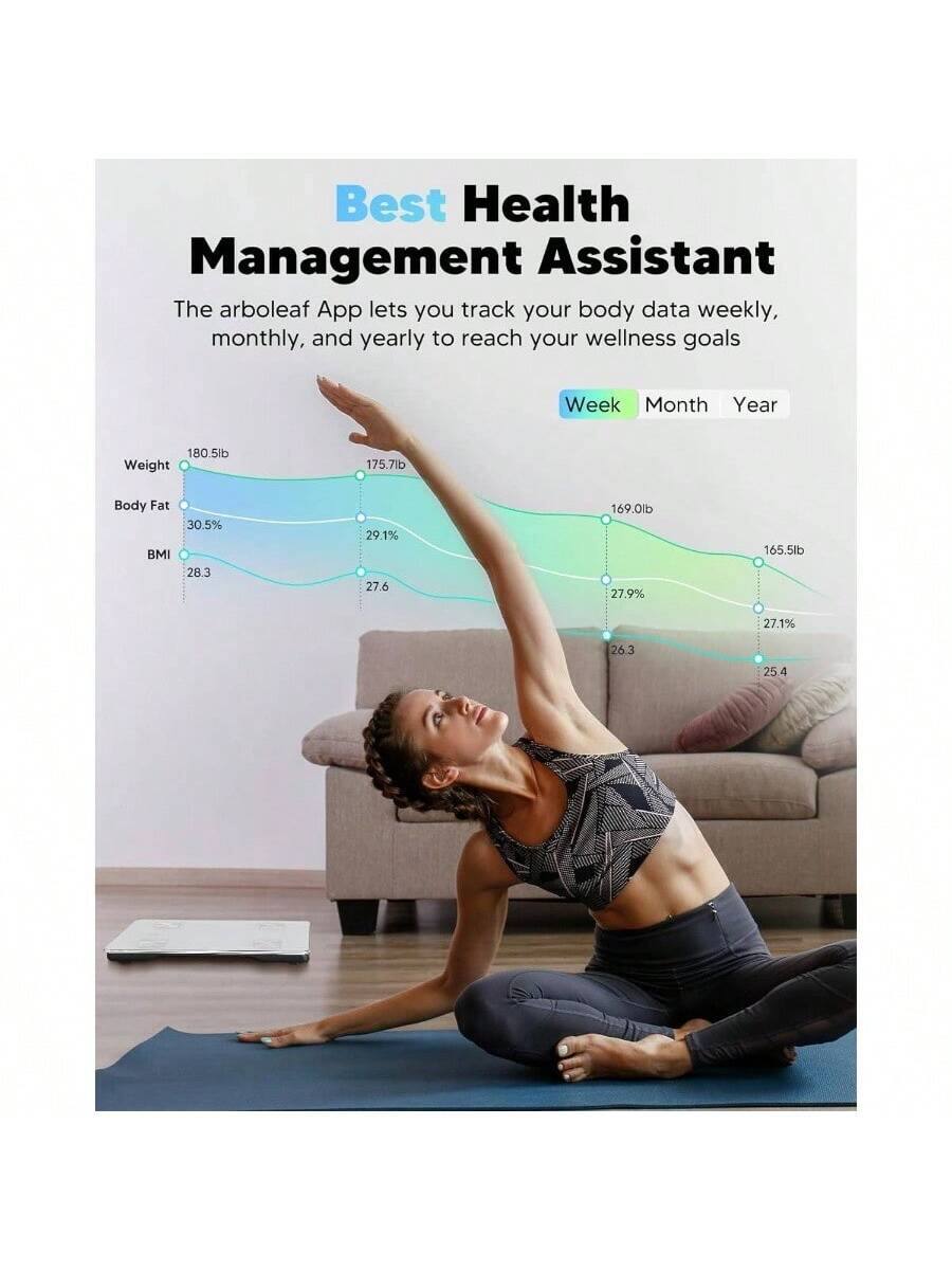 Best Health Management Assistant

The arboleaf App lets you track your body data weekly, monthly, and yearly to reach your wellness goals.

Week Month Year

Weight: 180.5lb → 175.7lb → 169.0lb → 165.5lb

Body Fat: 30.5% → 29.1% → 27.9% → 27.1%

BMI: 28.3 → 27.6 → 26.3 → 25.4