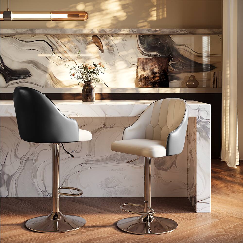 Angle. POVISON - Modern Adjustable Height Bar Stools Set of 2, Leather Bar Stools with Backs, Upholstered Bar Stools, Beige & Black - Black PU Leather.