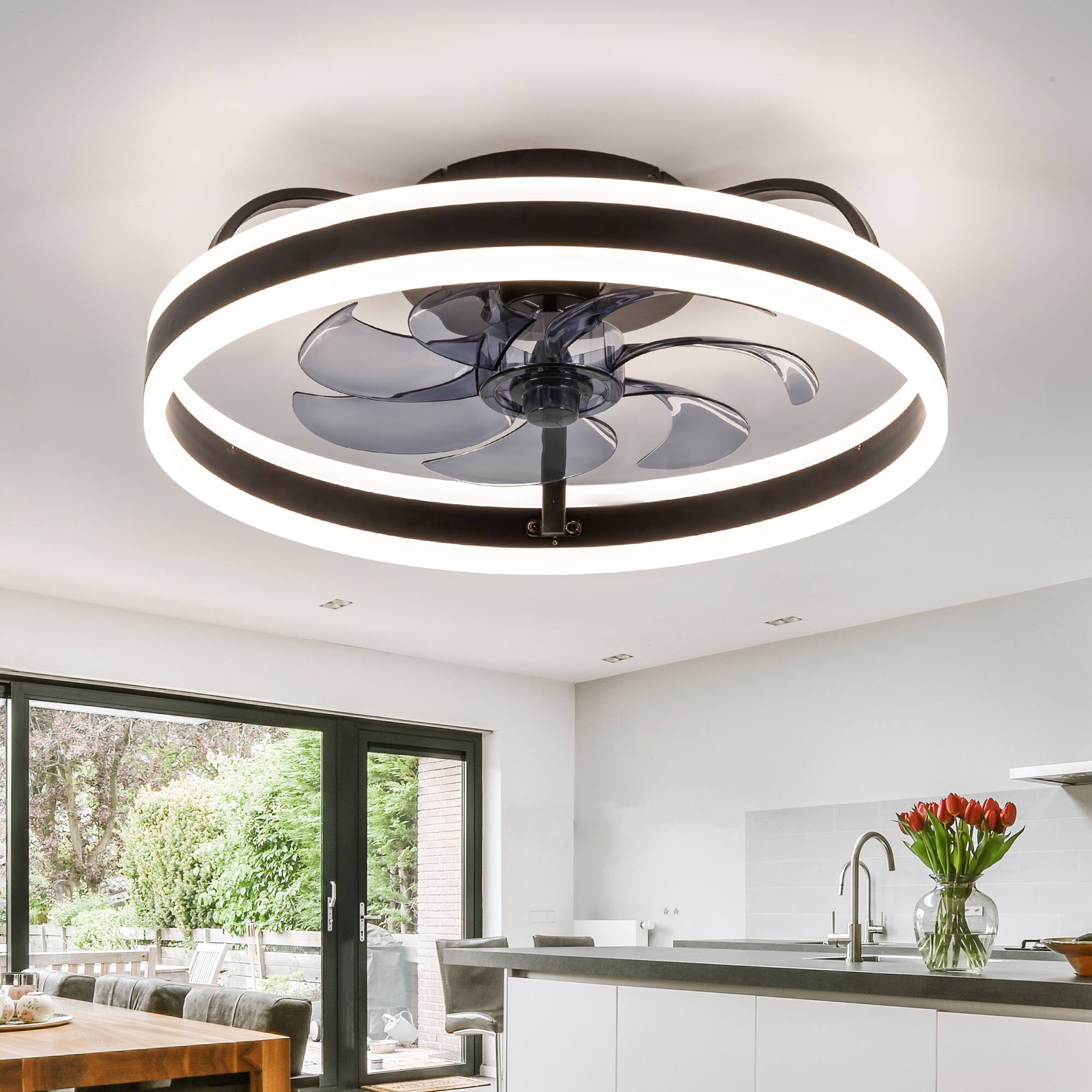 Alt View 7. Breezary - 20-Inch Modern Flush Mount Cage Fan with LED Light & Remote, Timer, 7 PC Blades, 6-Speed DC Motor - black.