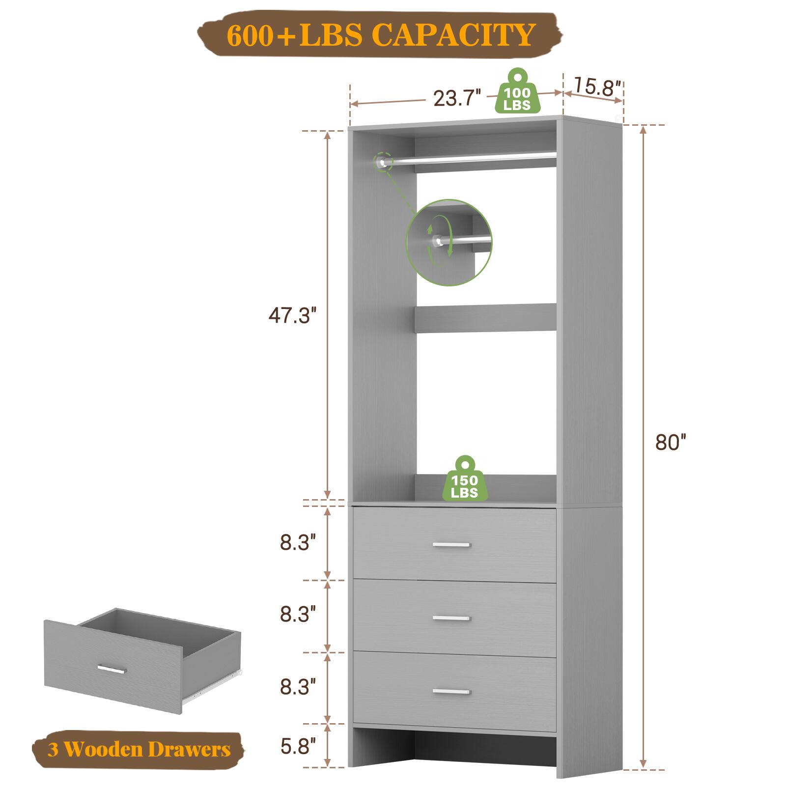 600+ LBS CAPACITY

- 23.7" 100 LBS
- 15.8"
- 47.3"
- 80"
- 150 LBS
- 8.3"
- 8.3"
- 8.3"
- 5.8"

3 Wooden Drawers