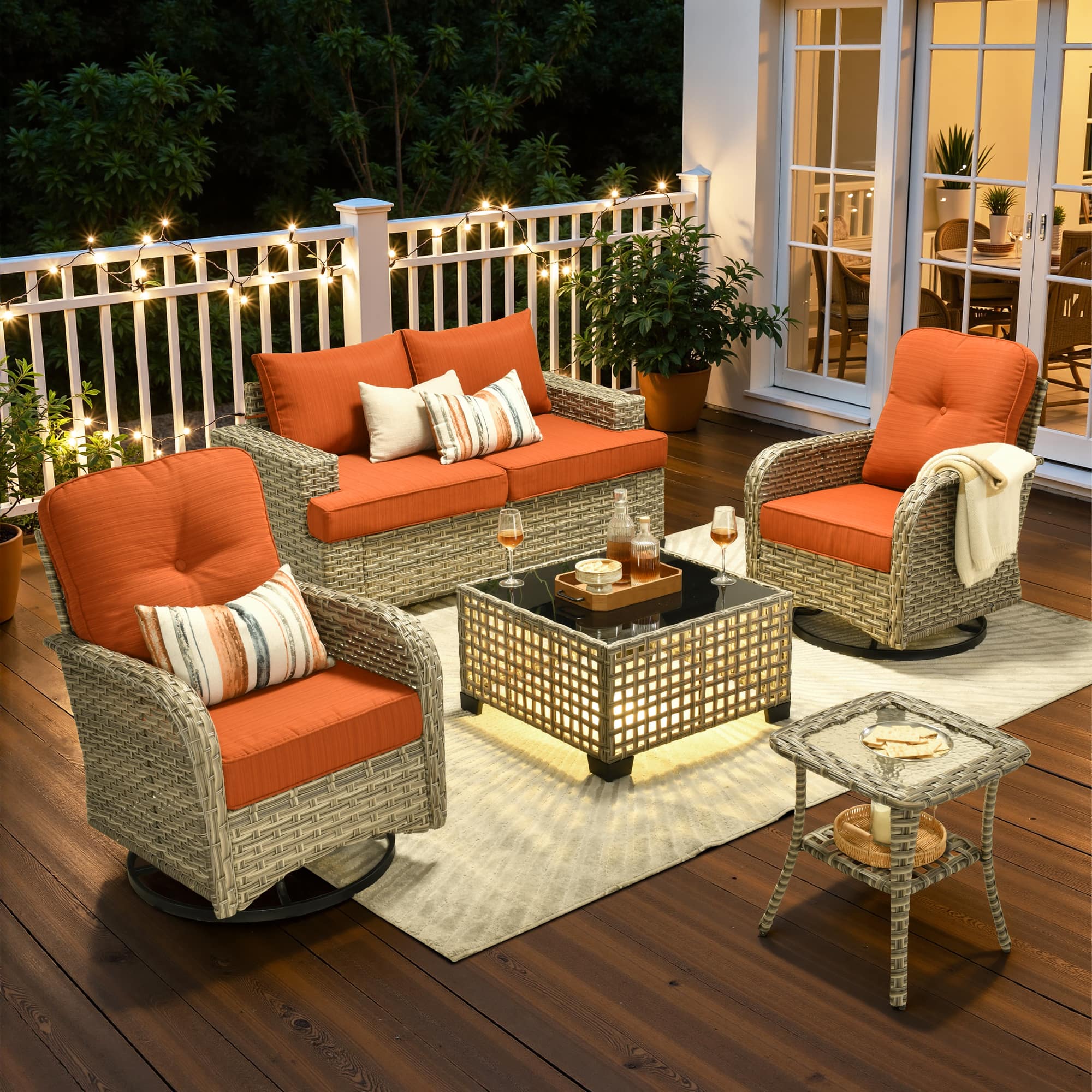 Ovios - 6 PCS Patio Furniture Set, Sectional Loveseat with Swivel Chairs, Coffee Table & Side Table - Orange Red
