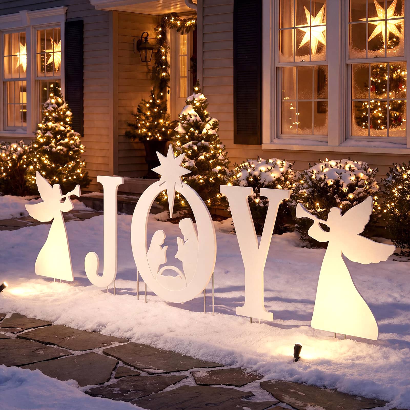 Costway - 5 PCS JOY Nativity Christmas Yard Sign Set with Angels, Holy Family Silhouette - White