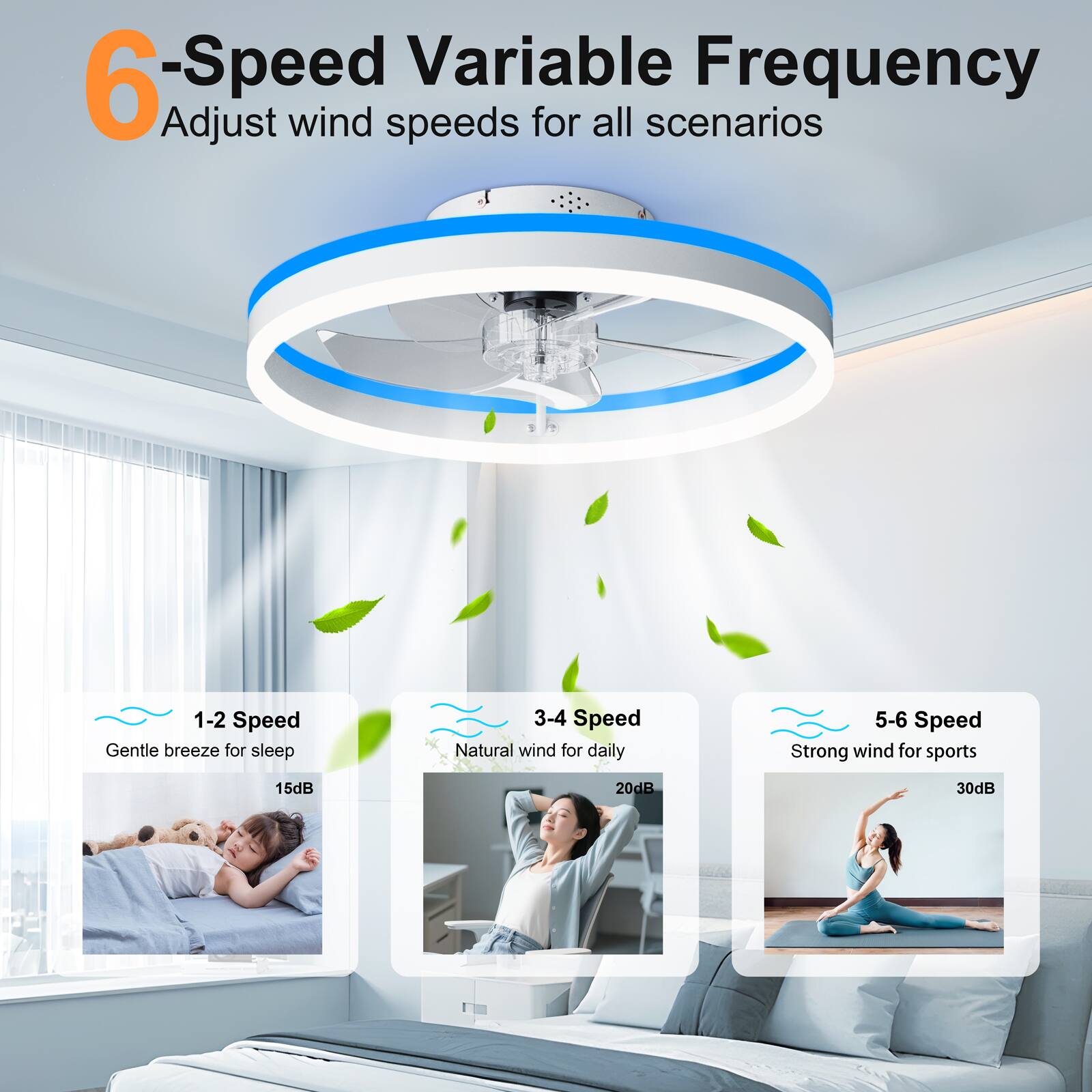 6-Speed Variable Frequency  
Adjust wind speeds for all scenarios  

1-2 Speed  
Gentle breeze for sleep  
15dB  

3-4 Speed  
Natural wind for daily  
20dB  

5-6 Speed  
Strong wind for sports  
30dB