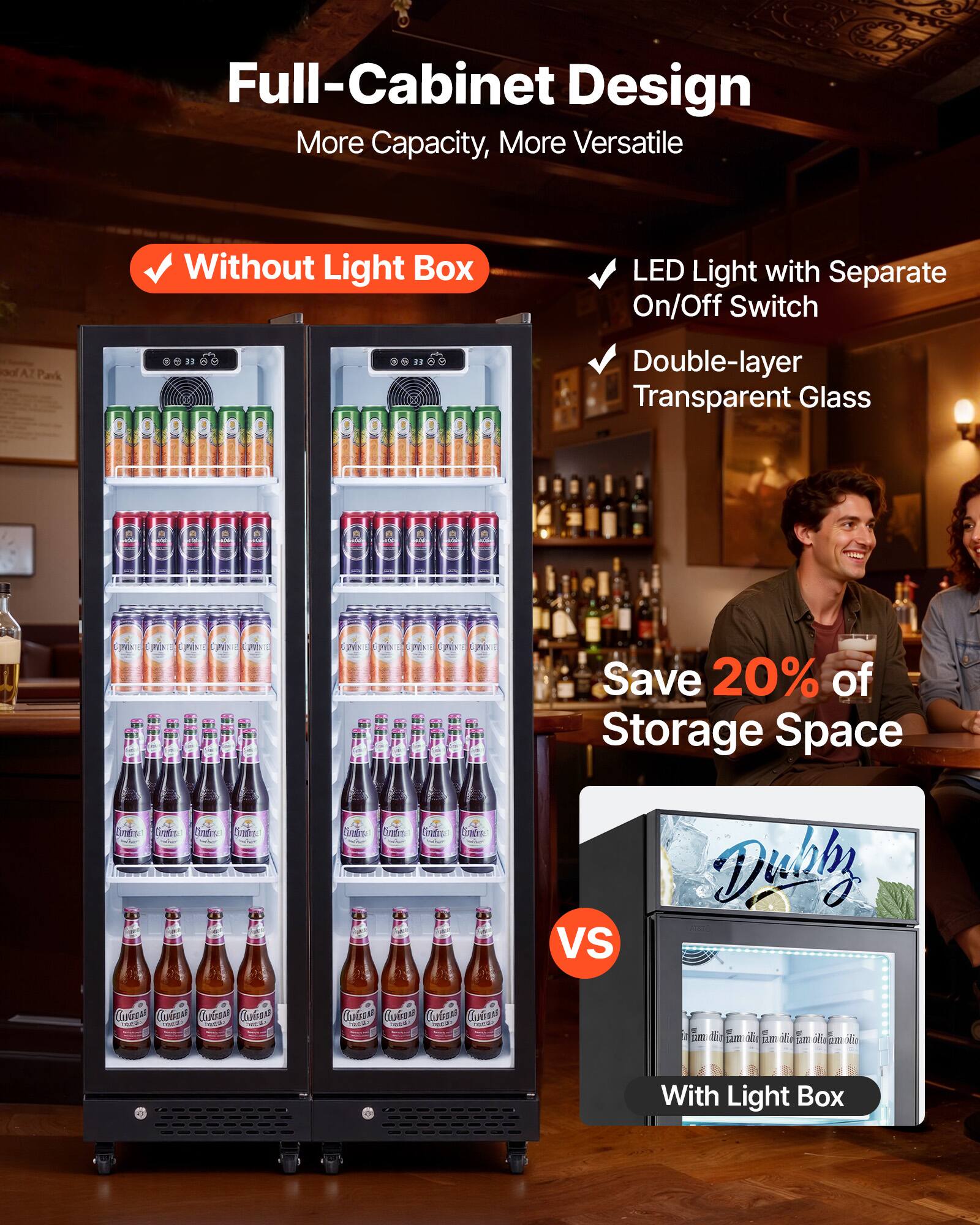 Full-Cabinet Design  
More Capacity, More Versatile

- Without Light Box
- LED Light with Separate On/Off Switch
- Double-layer Transparent Glass

Save 20% of Storage Space

VS

With Light Box