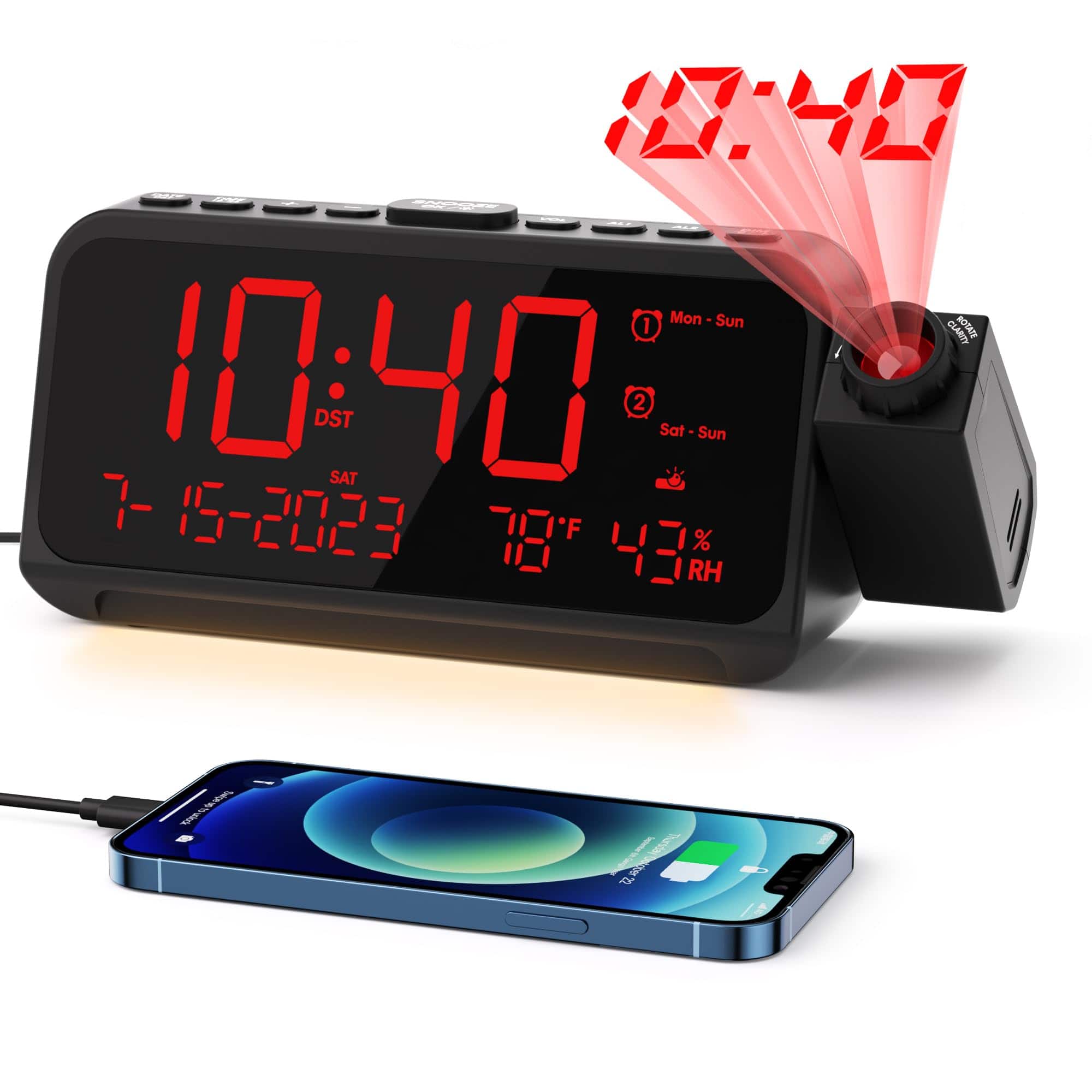 The Best Inks - Projection Clock For Bedroom Digital With 180° Projector On Ceiling 5-level Dimmer Dual Loud Alarm Weekend/weekday - Red