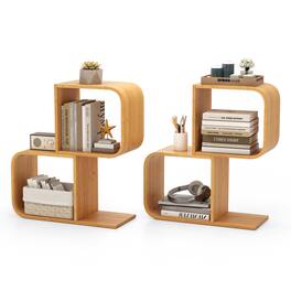 Gymax - 2PCS Bamboo Geometric Bookshelf 2-Tier S-Shaped Bookcase w/ Anti-tipping Device - Natural