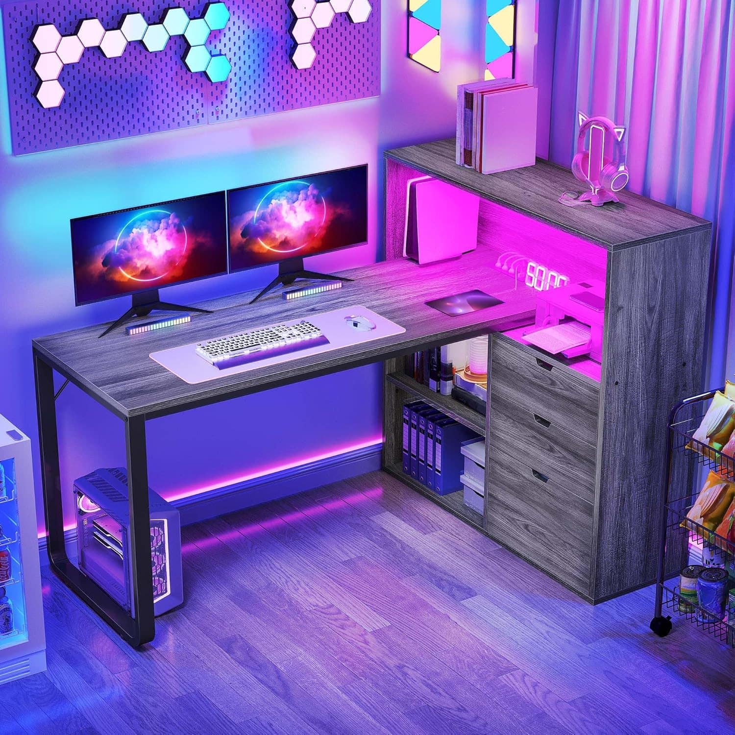 Zell Electronics - 55 Inch L-Shaped DeskBookshelf, Drawers, LED Lights & Power Outlets for Home Office - Grey