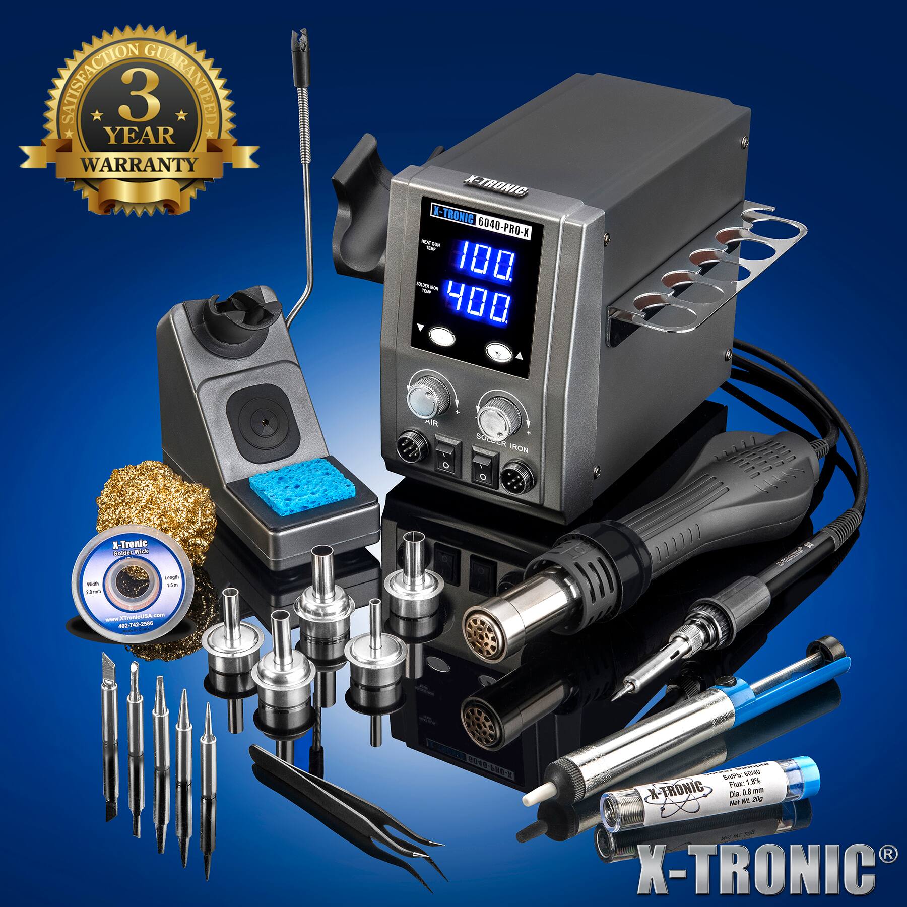 SATISFACTION GUARANTEED 3 YEAR WARRANTY

X-TRONIC X-TRONIC 6040-PRO-X MEAT GIN - LISSON 100 100 - 400

KIR
SOLDER IRON

X-Tronic SolderWick
With 20 em
Lungh at!

www.XTronicUtVA.com
420-742-2588

2010-680-X

CHICKTBRCDER_ Chocolate 60140 SniPb: 1.5% TRONIC Flox: K- Dia. 0.8 MM Net Wt 20g

X-TRONIC6