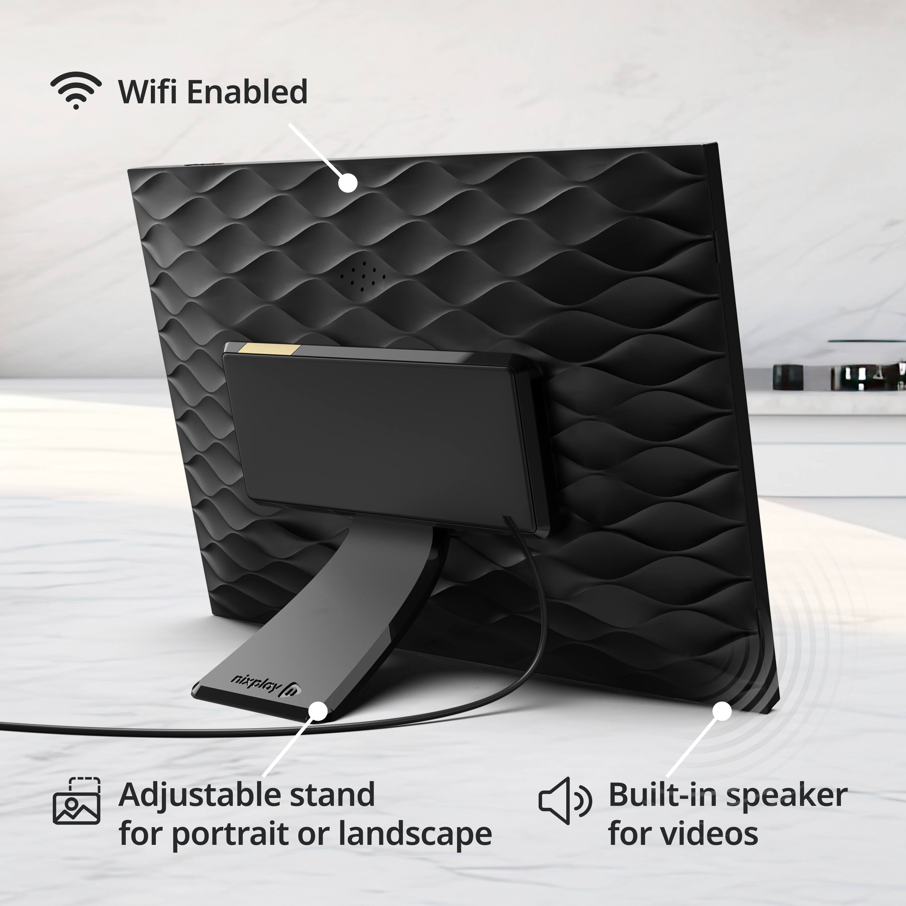 Wifi Enabled nixplay Adjustable stand for portrait or landscape Built-in speaker for videos
