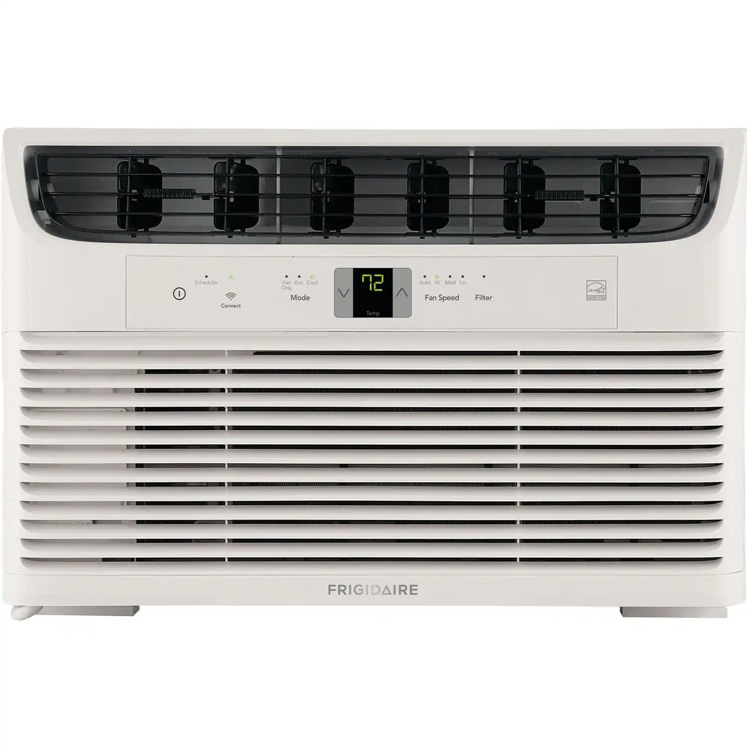 The image shows a white Frigidaire air conditioner with a digital display. The display shows that the temperature is set at 72 degrees, and the fan speed is set at "auto." The air conditioner is designed to provide cooling and comfort during hot weather.